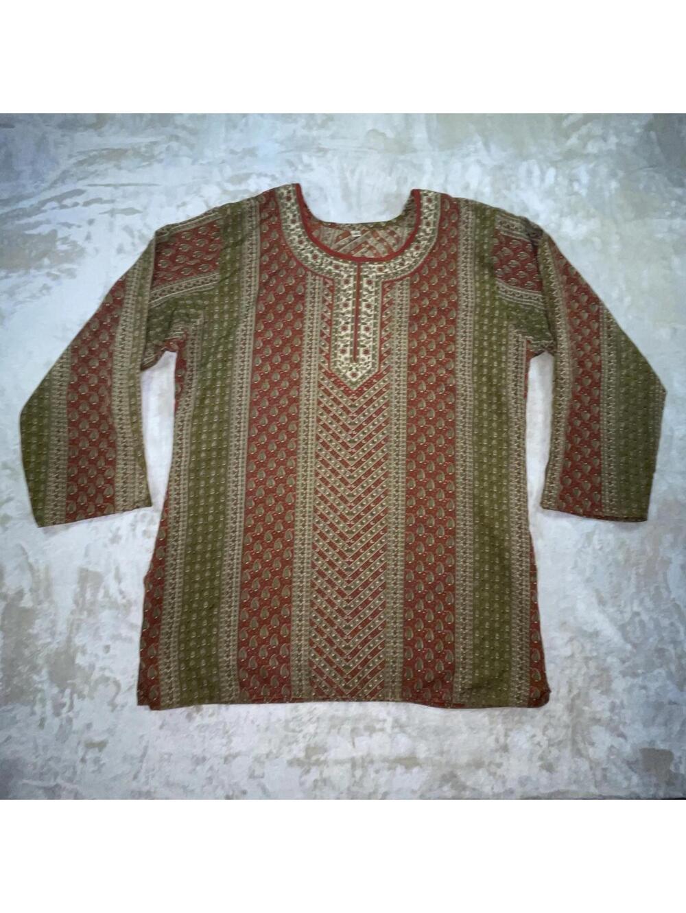 Womens Tunic Top Paisley Long Sleeve Scoop Neck Red Green Boho Kurti Sz 42 LARGE